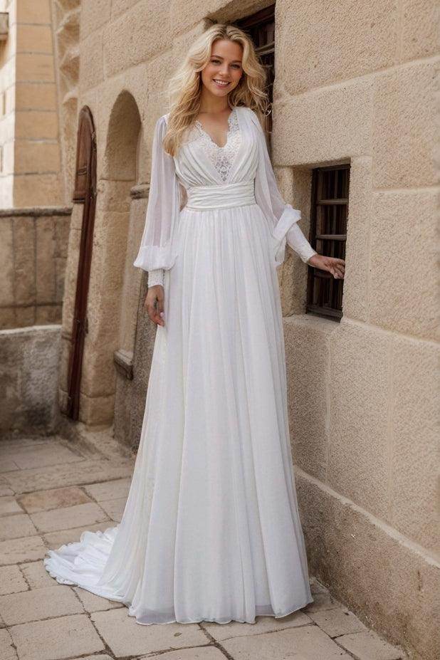 A-Line Sweep-Brush Train Lace Chiffon Wedding Dress CW3498 - COCOMELODY